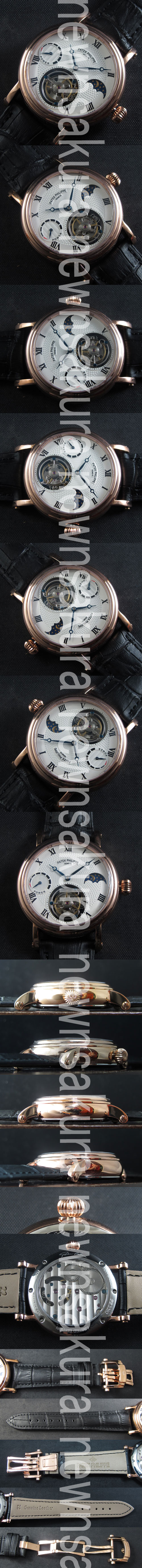 人気シリーズ 【42MM】 パテック フィリップ コピー時計 トゥールビヨン搭載 ムーンフェイズ  革バンド 手巻き