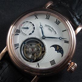 人気シリーズ 【42MM】 パテック フィリップ コピー時計 トゥールビヨン搭載 ムーンフェイズ  革バンド 手巻き