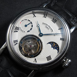 【生活防水】 PATEK PHILIPPE トゥールビヨン ムーンフェイズ  Asian 28800振動 ホワイト文字盤 革バンド